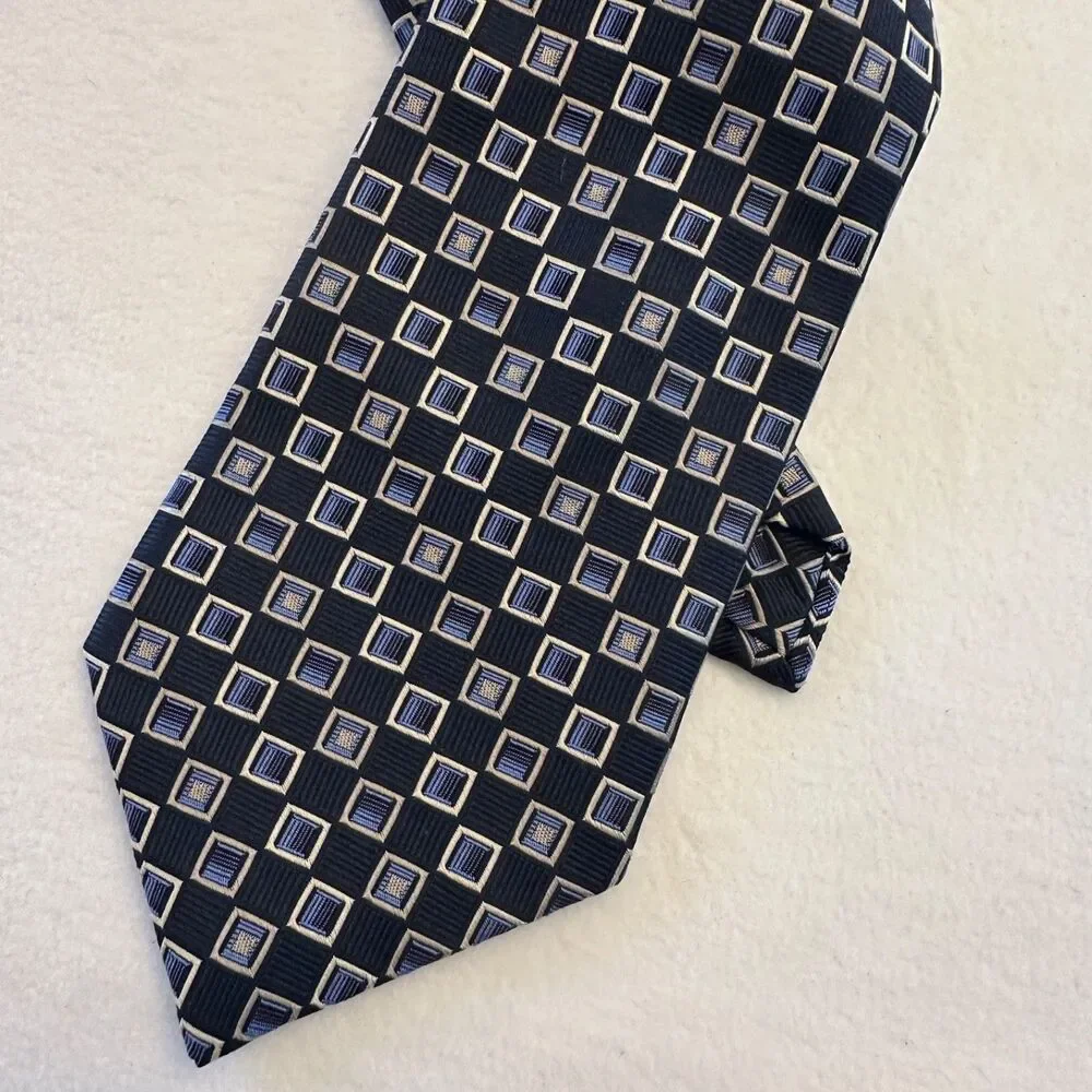 Burma Bibas Mens 100% Silk Dark Blue Geometric Square Necktie 58